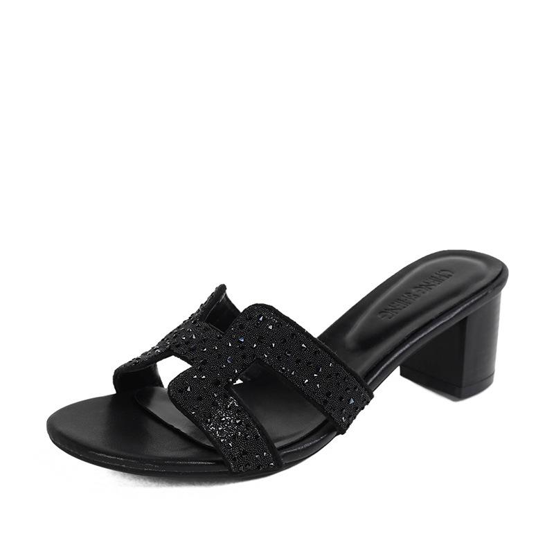 

Thick-heeled slippers female 2025 summer outer wear fashionable versatile fairy cool slippers female medium heel thin five centimeters 38