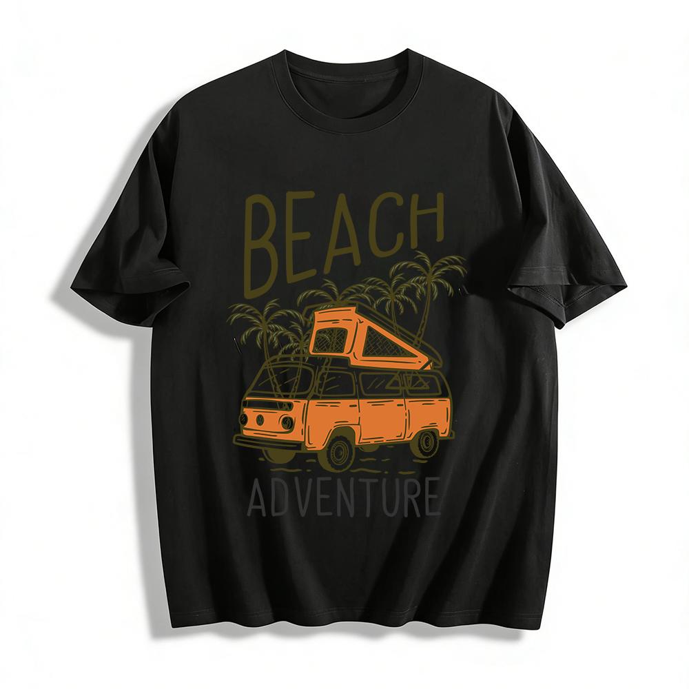 Vintage Camper Van Coconut Tree Print Tee Beach Adventure Casual Top Pure cotton T-shirt XXS