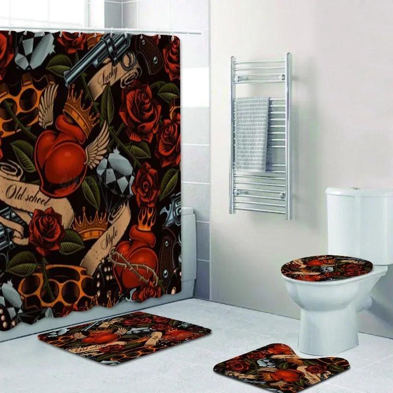 Old School Tattoo Art Shower Curtain Set For Bathroom Vintage Punk Skull Anchor Dagger Curtains Rug Mat Halloween Decor