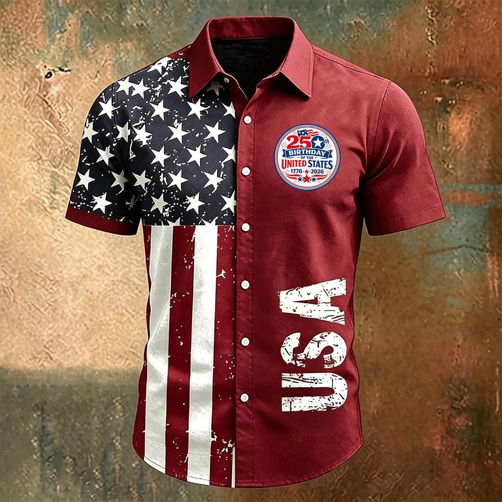 Men Short Sleeve Button Down Casual Collared Shirt with United States Letter Print and Flag Pattern for Spring Summer Wear
