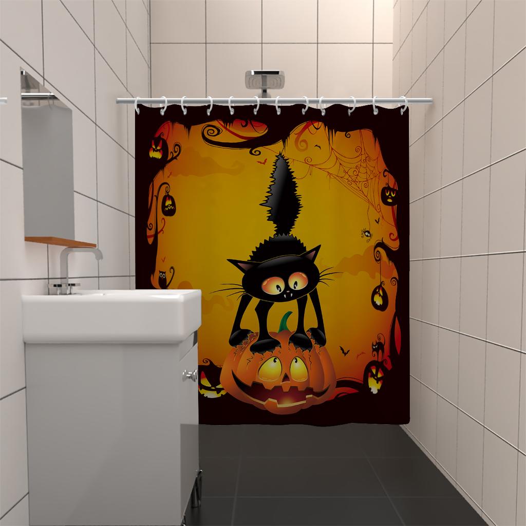 1 Piece 180x180cm Orange Pumpkin Black Cat Print Halloween Shower Curtain Partition Bathroom Waterproof and Mildew Proof