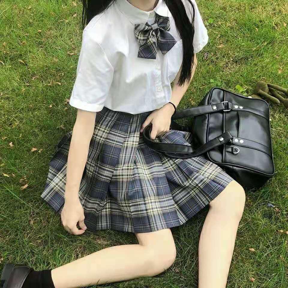 Authentic Japanese JK Plaid Mid-Length Student Uniform Set with Pleated Sailor Skirt