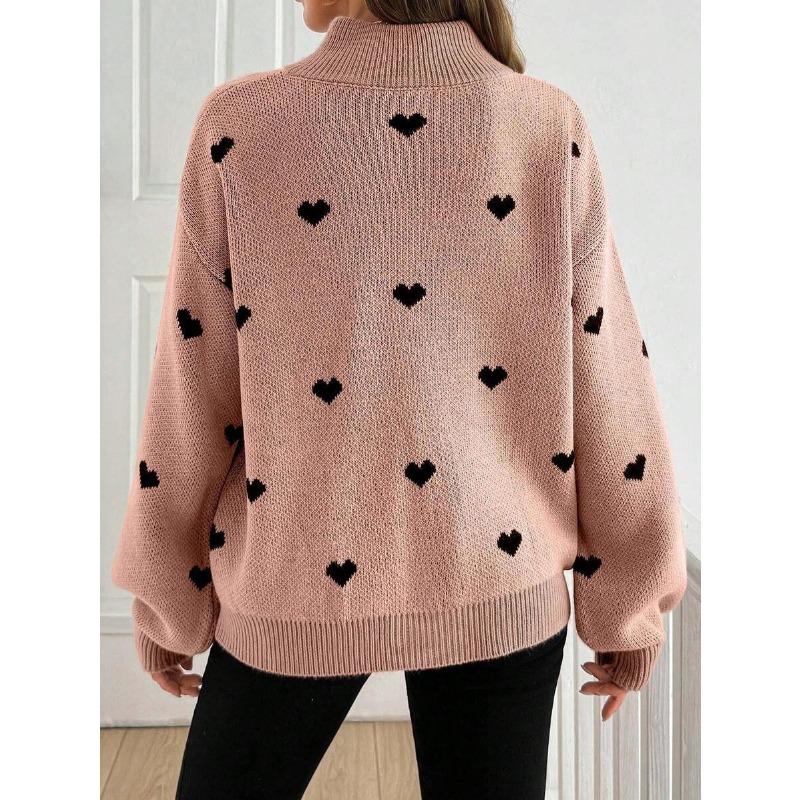 Damen Lockerer Halb-Reißverschluss Gestrickter Langarm Pullover mit Herzmuster Freizeit