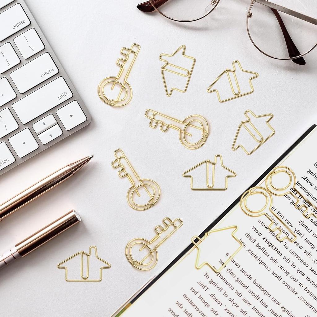 Hesena 120 Pcs Paper Clip Set, 60 Pcs House & 60 Pcs Key Shaped Paperclips for Office, Real Estate Agent,Realtors Gifts (Gold)