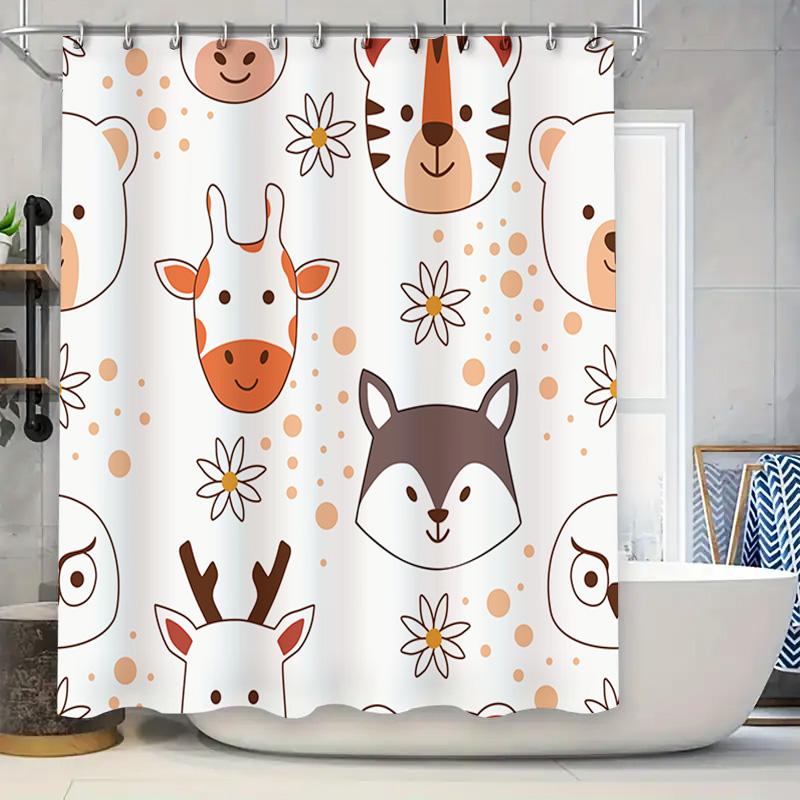 Animal Print Shower Curtain Set Cute Forest Animals Bath Decor with Flowers In White Orange for Bathroom Decorations Home Access