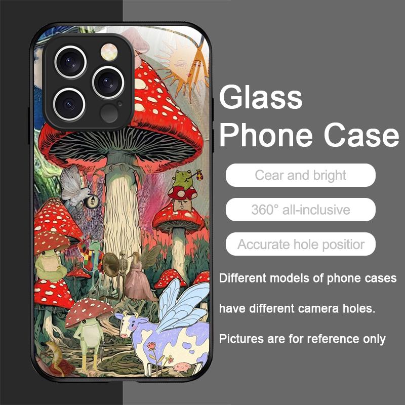 Kreatywne etui na telefon ze szkła hartowanego z wzorem grzybów dla iPhone 17 16 Pro Max 15 14 13 12 Mini 11 X XS 7 8 Plus Pokrowiec