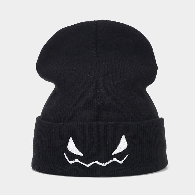 Halloween Pumpkin Demon Embroidered Orange Knit Beanie Unisex Fun Novelty Hat