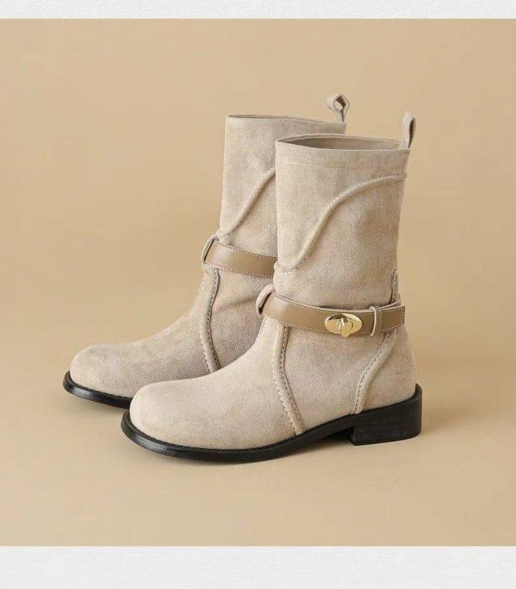 Cowhide Version~ French Metal Short Boots Retro Thick Heel Boots Children with Skirt Inner Height Increase and Thin Western Cowboy Boots