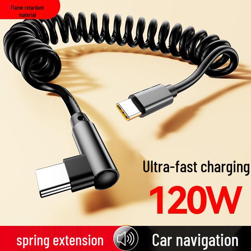 120W Fast Charging Spring Data Cable for Apple, Huawei, Type-C Laptops, and Car Chargers