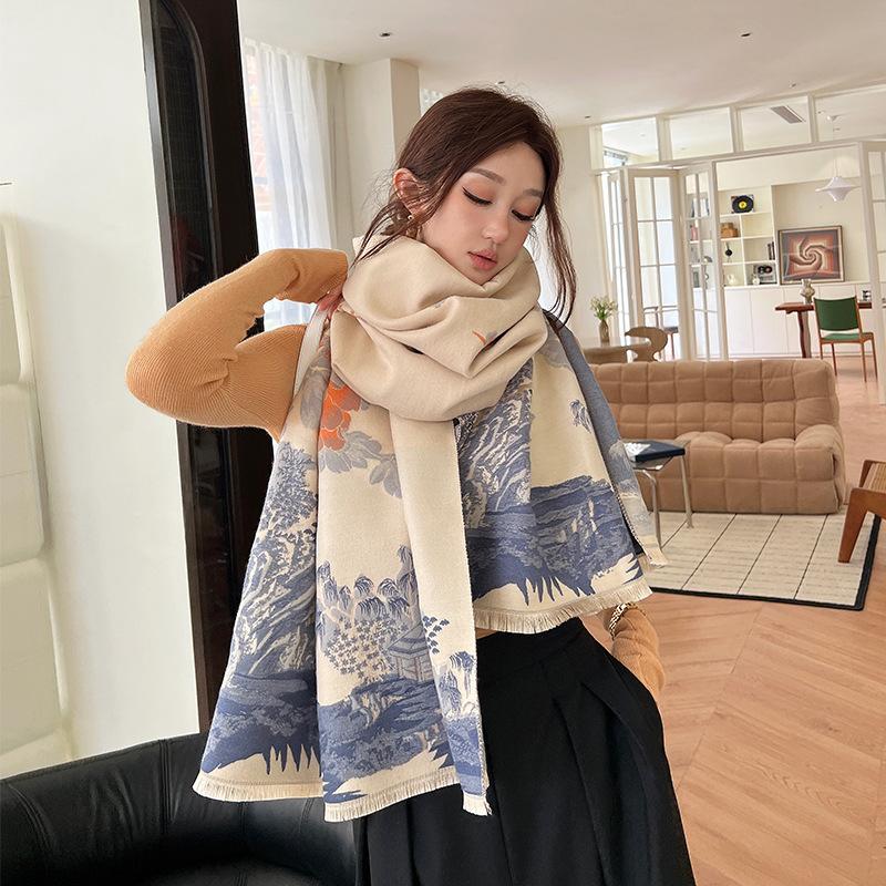 New Winter Imitation Cashmere Scarf for Women Literary  Light and Luxurious Style  Jiangnan Jacquard Scarf Plus Velvet Warm Shawl