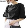 ZANZEA Damen Lässig Rundhals Rüschenärmel Locker Sommerbluse