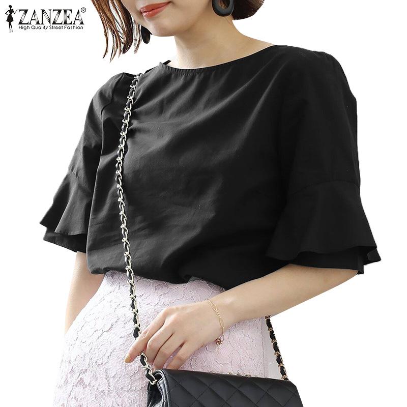 ZANZEA Damen Lässig Rundhals Rüschenärmel Locker Sommerbluse