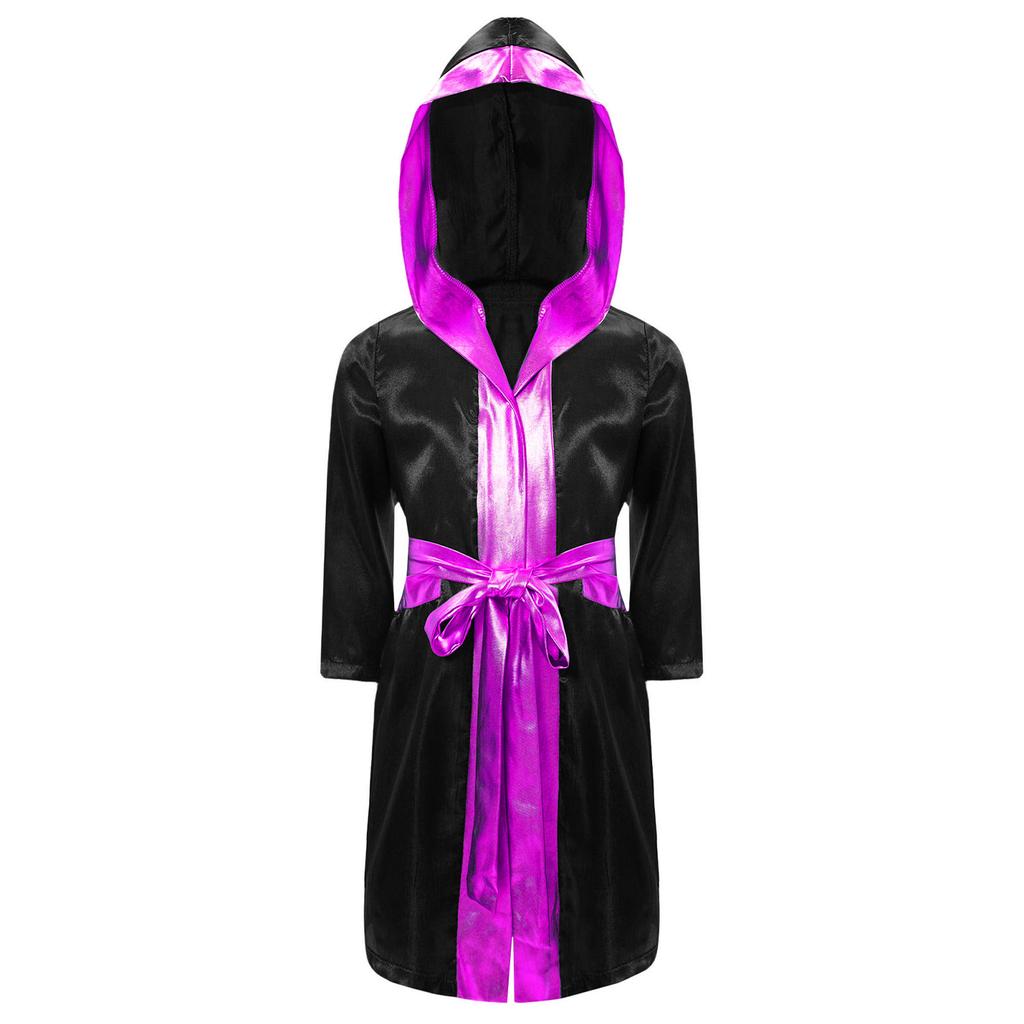 Unisex Çocuk Boks Robası Cadılar Bayramı Cosplay Kostümü Uzun Kollu Önü Açık Metalik Kenarlı Saten Kapüşonlu Pelerin Kemer