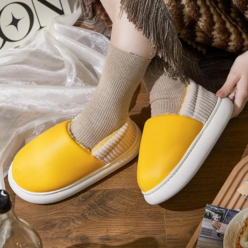 Fashion Comfort Soft Sole Plush Slippers Women Winter Closed Toe Pu Leather Indoor Slides Woman Casual Warm Couple Cotton-Padded Shoes