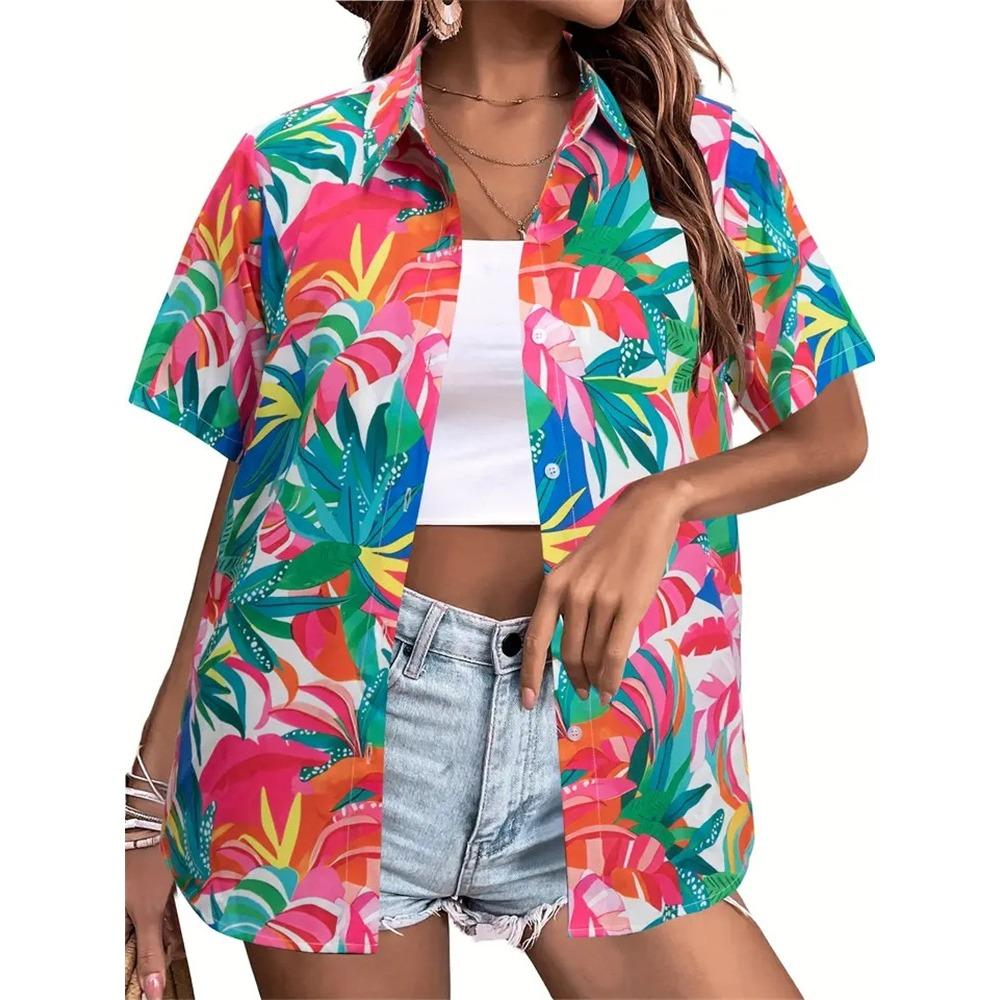 Summer Women's Shirt 3D Printed Hawaiian Shirts Button Up Beach Vacation Shirts Short Sleeve Shirt Casual Lapel Blouse For Women
