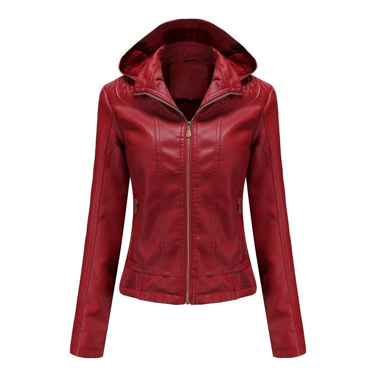 Women Leather Jacket Hooded Zipper Long Sleeve Fleece Slim Coat European Size