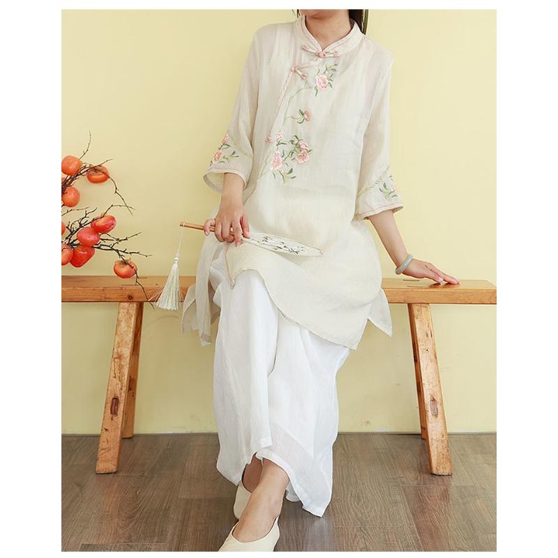 Zen-style Frog Button Retro Shirt Spring/summer Mid-length Embroidered Ethnic Style Three-quarter Sleeve Stand Collar Top for Women