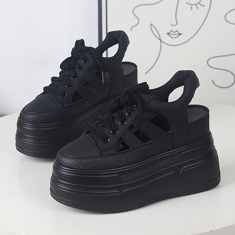 Fashion 11CM Hollow Full Cow Genuine Leather Women Summer Shoes Platform Sneakers Wedge Hidden Heel Women Summer Sandals Platform