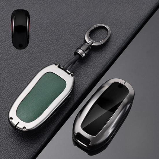 Zinc Alloy Leather Car Key Fob Case Cover With Kechain For Tesla Model X 2016-20