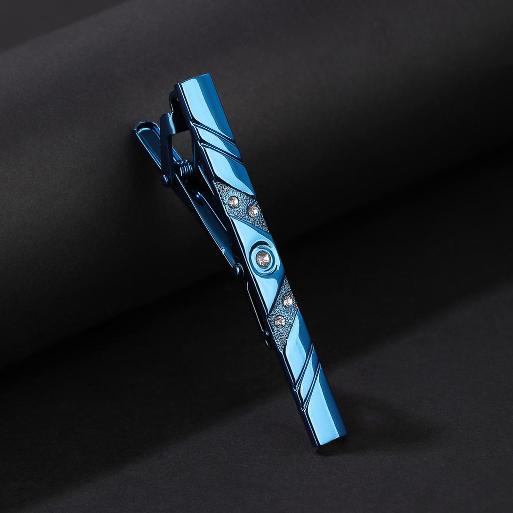Tie Clip for Men Luxurious Diamond Inlays Alloy Necktie Clasp Tie Bar Pinch Clips Brass Blue Buckle for Wedding Business