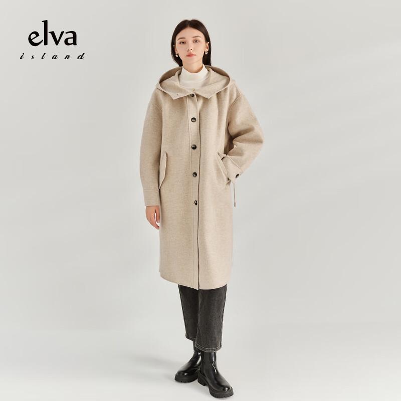 Elva' Island Women's Loose Hooded Mid-length Wool Blend Coat