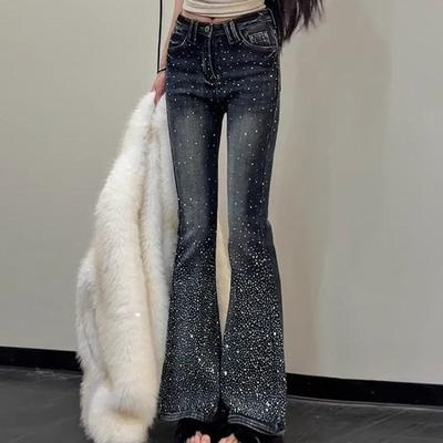 Plus Size Trendy Retro Jeans Women American Style Rhinestone Flared Pants Fashionable and Unique