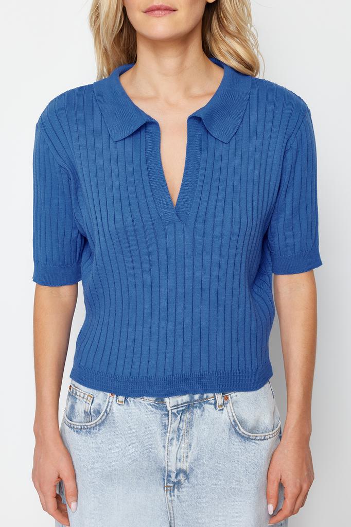 Women's Fashion New Sweater Blue Crop Basic Knitwear T-Shirt