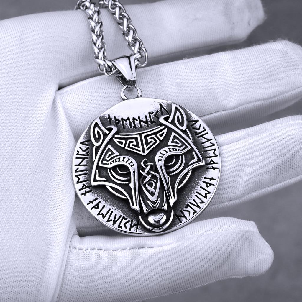 Stainless Steel Viking Mixed Gold Wolf Head Rune Necklace Men Retro Fashion Odin Amulet Pendant Necklace Hip-hop Biker Jewelry