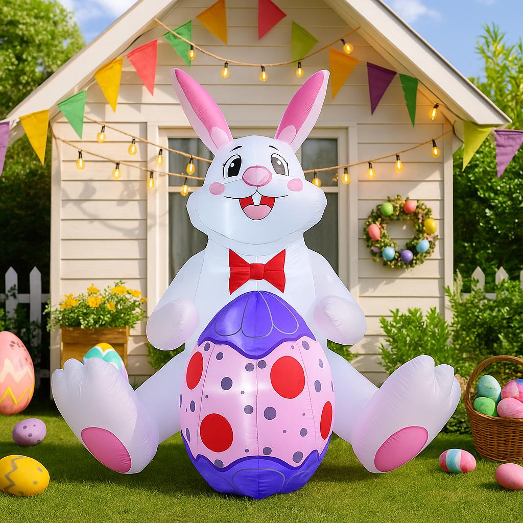 1.8M/6FT Happy Easter Inflatable Toys White Rabbit Embracing Easter Eggs Decor LED Lights Model Outdoor Garden Party Ornaments