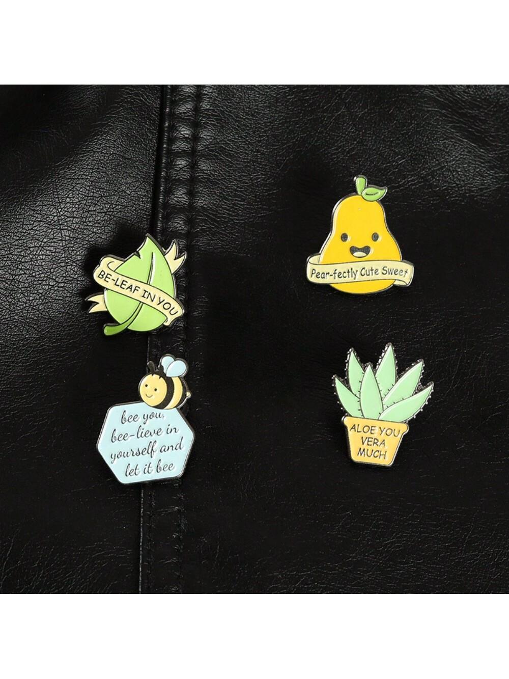 

4 children s creative cartoon bees, pear tree leaves, potted design brooches, daily matching clothes, bags, and metal badges