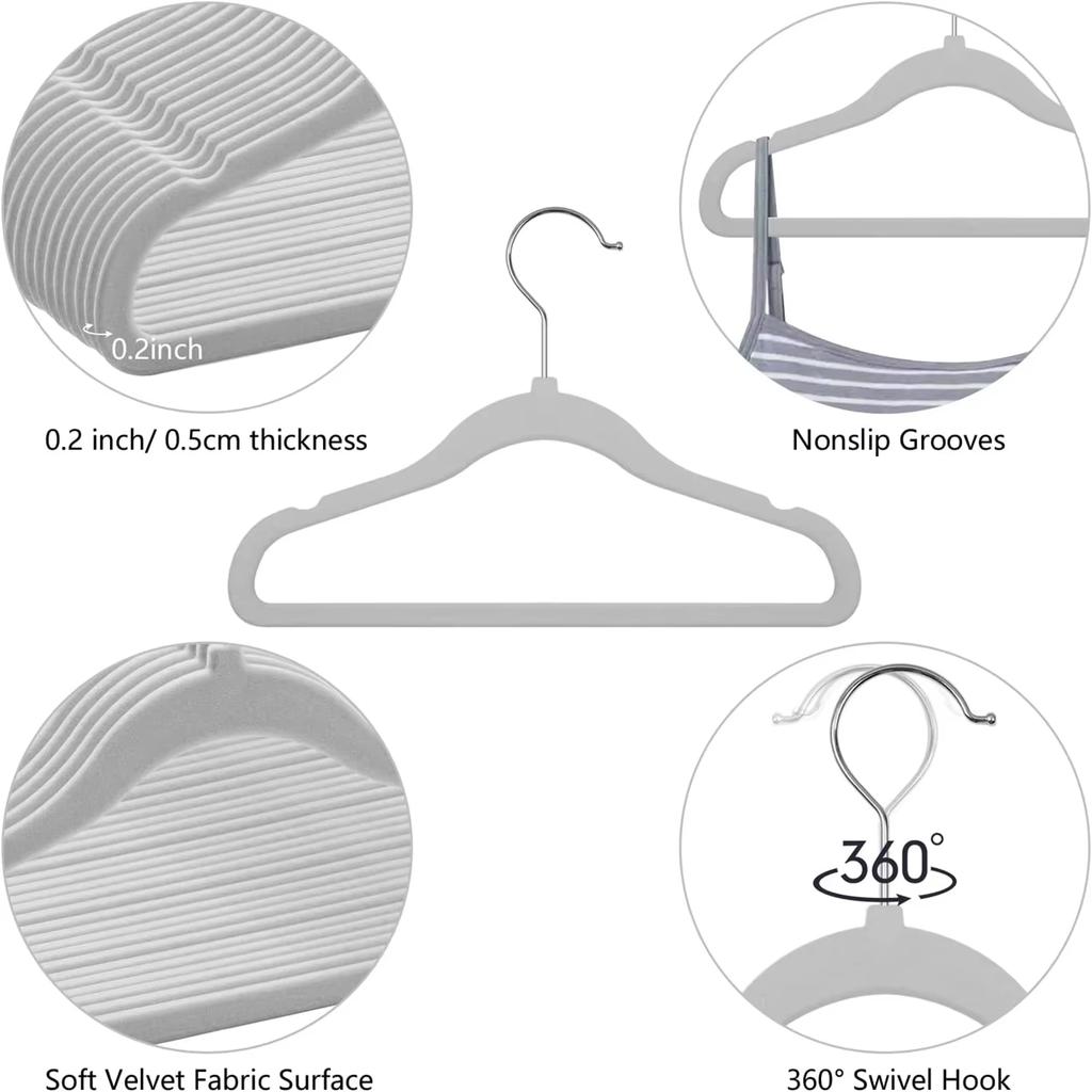 KUUJOJO Pack of 10/20/30-Children's Velvet Non-Slip Hanger, Slim and Space Saving - 360° Swivel Hooks,Durable Junior Hanger