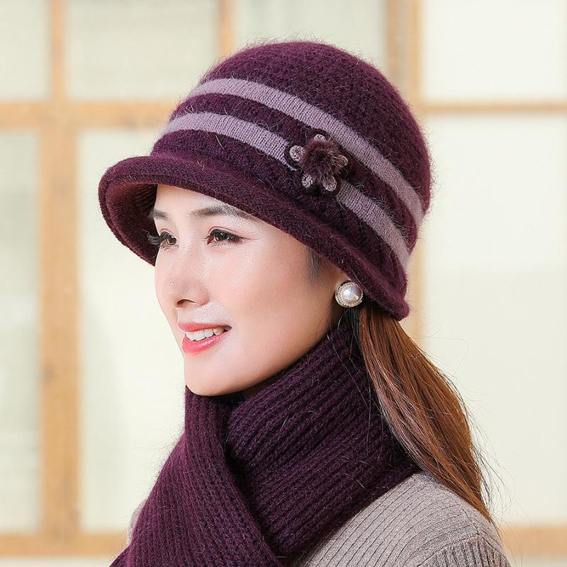 Pălărie de mamă în vârstă de vârstă mijlocie cu temperament de toamnă iarnă, la modă, pălărie simplă de blană de iepure, cu kit de eșarfă groasă de catifea