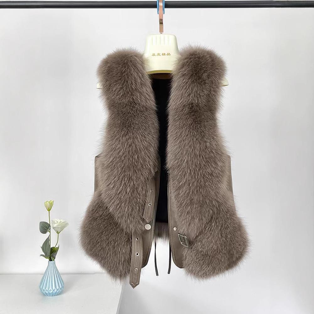 Leather Vest Women's Short Autumn and Winter Imitation Fox Hair Plus Cotton High-end Splicing Vest Jacket Women's Fox Hair New