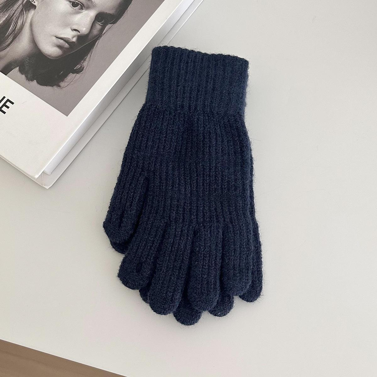 

[Thickened solid color] Knitted thermal gloves for men and women in winter, wool and plush touch screen for outdoor riding One size темно-синього кольору