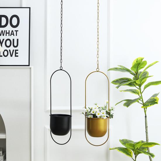 Modern Hanging Planter Geometric Iron Flowerpot with Hanging Chain Wall Ceiling Planter Hanger Houseplant Holder Pot for Indoor Outdoor Decoration