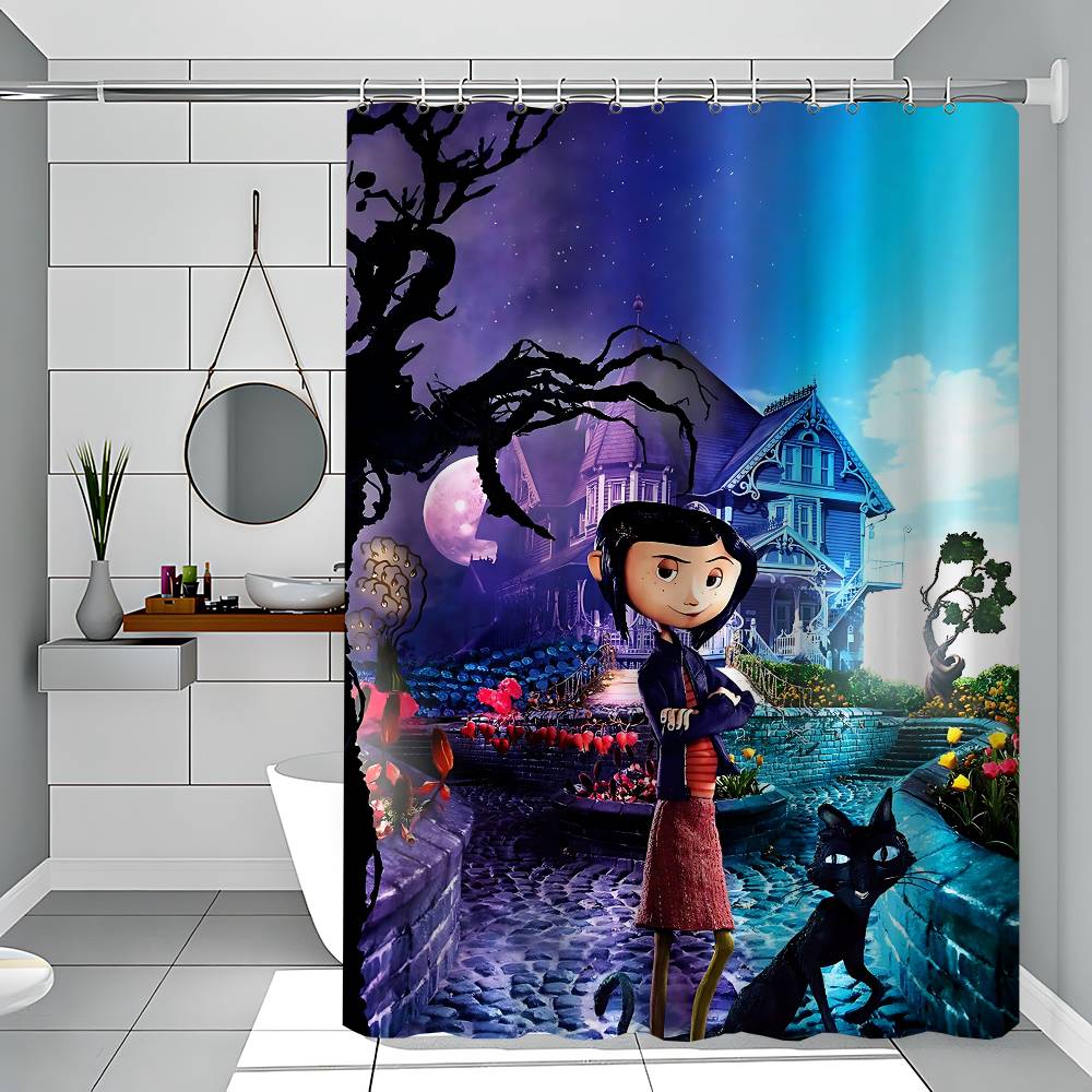 Cartoon Coraline Bathroom Curtain Classic Anime Fabric Shower Curtain With 12 Hooks Waterproof Bathroom Decor