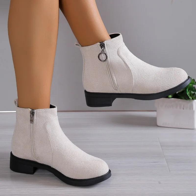 Fashion 2024 Spring and Autumn Hot Selling Women's Shoes Fashion Solid Color Round Toe Low Heel Short Side Zipper Women's Fashion Boots