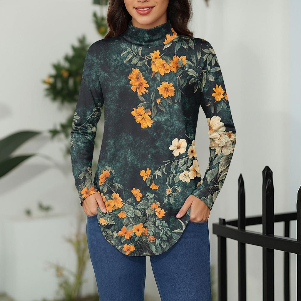 Tee Shirts For Women Fall Casual Long Sleeve Shirts Sweatshirt Vintage Printed High Neck Top Pullover