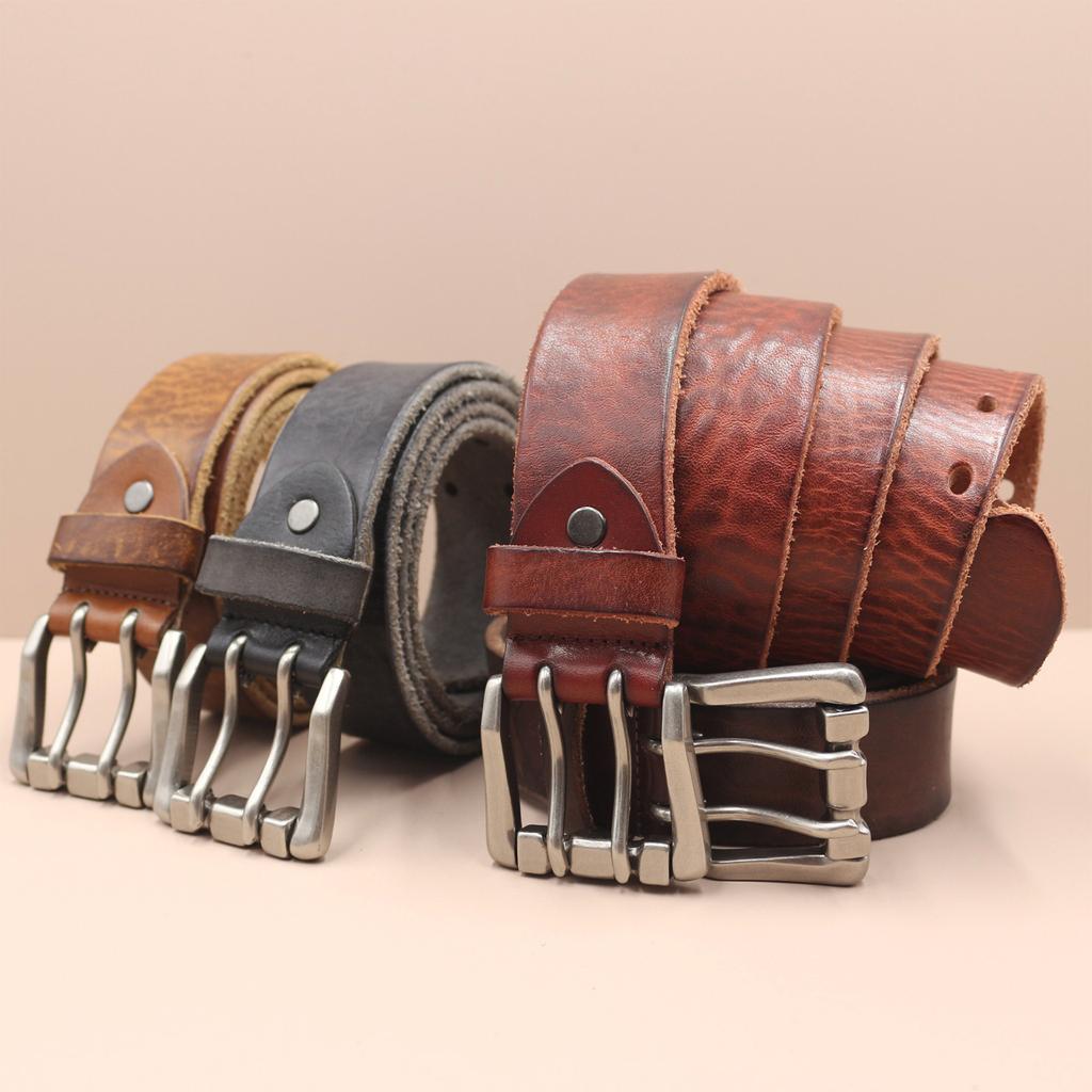3.8Cm Wide Retro Water Shampoo Layer Pure Cowhide Belt Men'S Genuine Leather Trend Double Needle Women'S Casual Belt