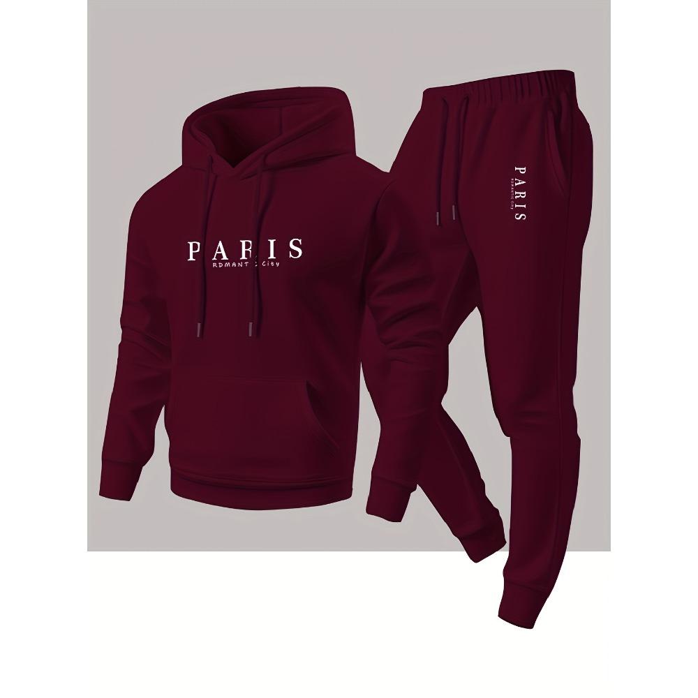 Pariser Romantischer Urbaner Stil Paris Aufdruck Kapuzenpullover und Passende Jogginghose Lässiges Set für Sport und Outdoor