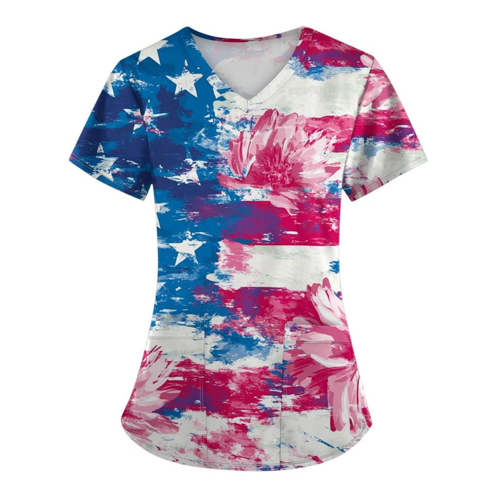 Women's Fashion V-Neck Short Sleeve Overalls With Pockets Independence Day Printed Tops  Apparel