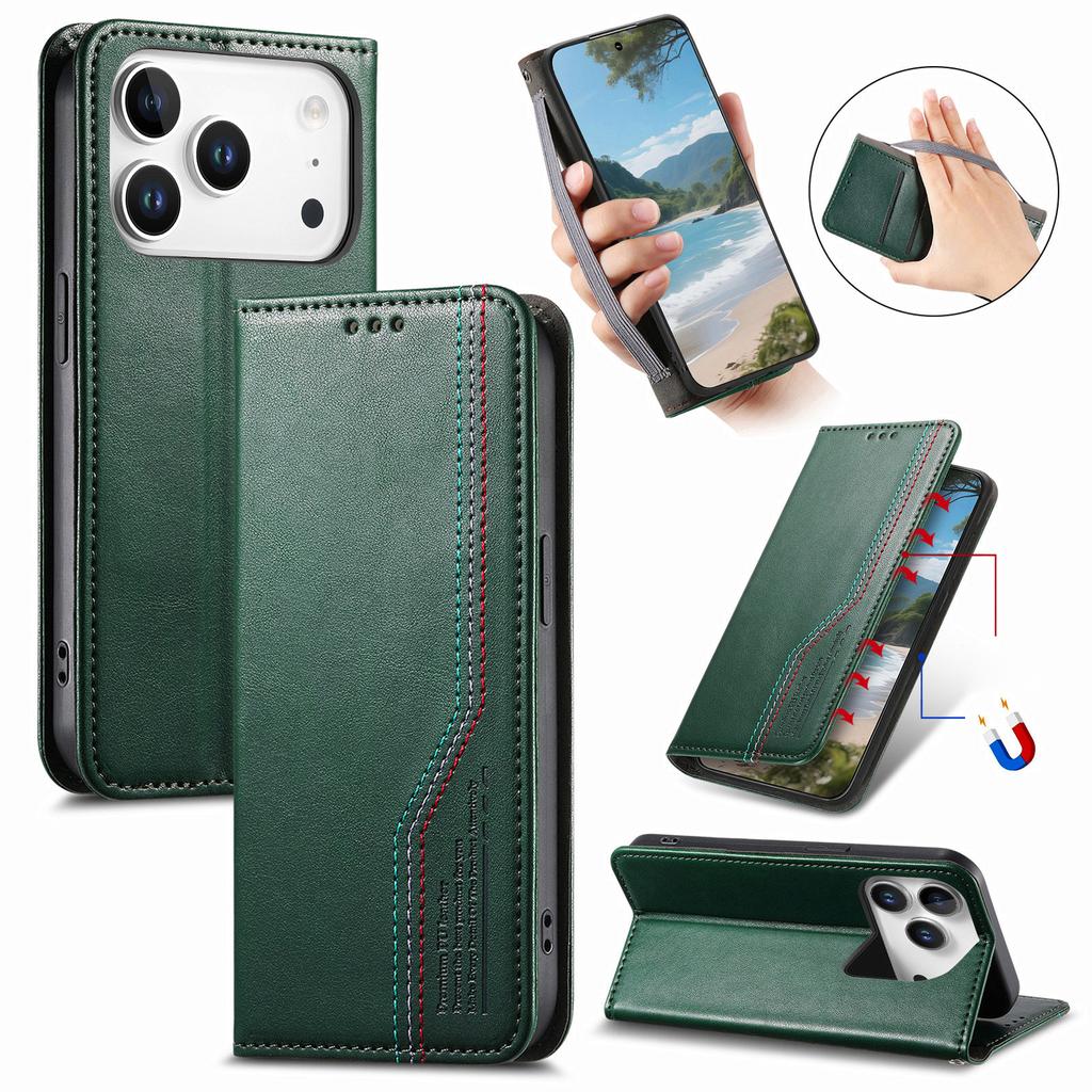 For iPhone 17 Pro Case Wallet Tri-Color Stitching Leather Phone Cover with Elastic Wristband