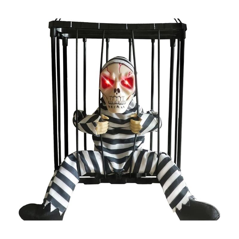 

Haunted Skull Cage Prisoner With Sensors Activated Scream Sound And Head Movements For Holiday Scary Home Decorations 1
