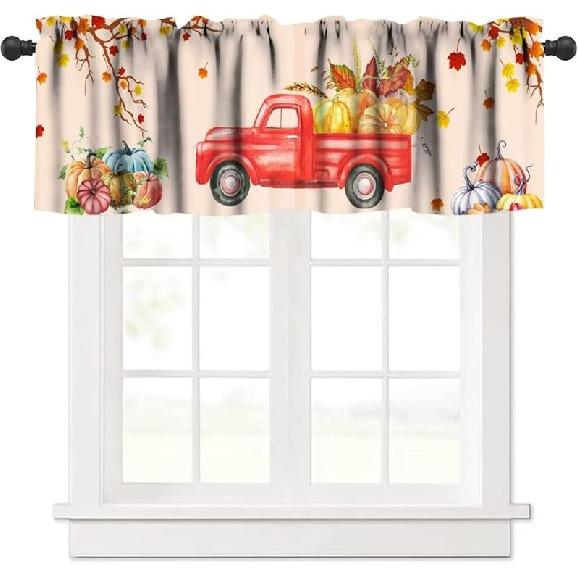 Farm Fall Window Valance, Thanksgiving Pumpkins Autumn Leaves Vine Windows Curtain Valance for Kitchen Dining Room Canteens Home Decor, One Panel