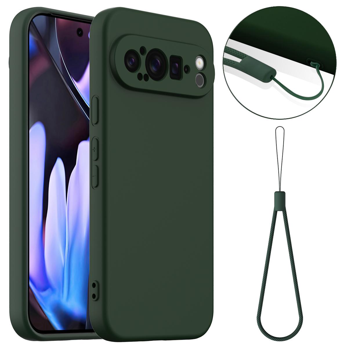 

For Google Pixel 9 Pro Case Compatible with MagSafe Liquid Silicone Phone Cover with Lanyard Dark Green