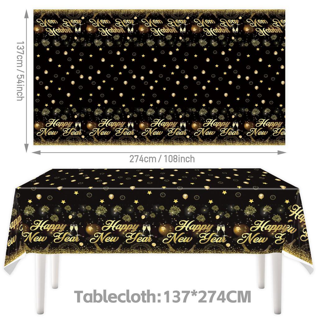 New Year 2027 Black & Gold Themed Party Tableware Set: Plates, Cups, Napkins, Tablecloth & Banners