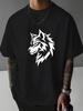 Unisex Black Tee Tribal Wolf Head Minimal Graphic Print Crew Neck Short Sleeve Summer Wild Casual Male Streetwear Cotton Daily Top