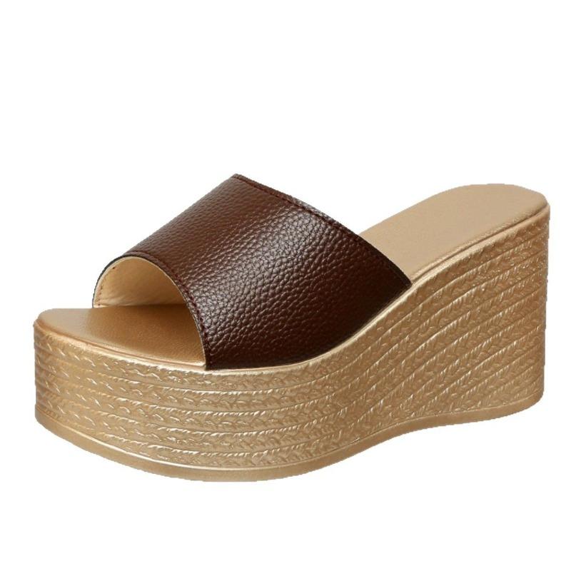 Sandalen mit Keilabsatz Hausschuhe Damen Dicke Sohle Ein Wort Schlepp Außen tragen Damen Strandschuhe