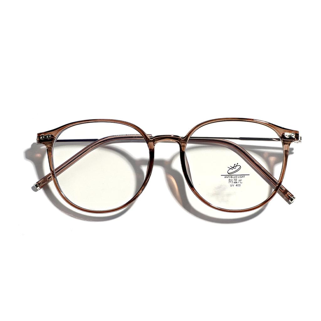 Semi-Metal Frame Round Retro Flat Mirror Women Brown Plain Glasses Men