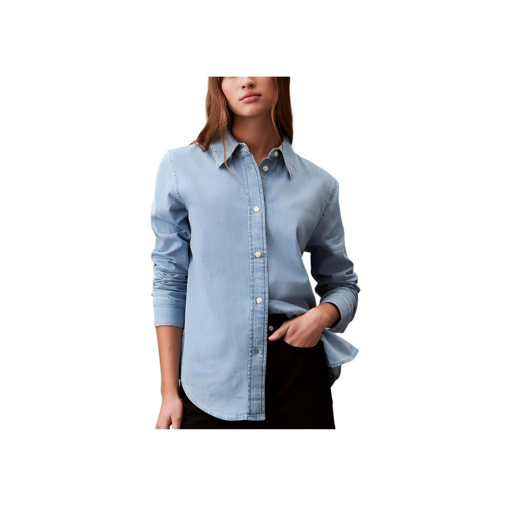 Calvin Klein Solid Color Spliced Comfortable Pointed Collar Long Sleeve Shirt Women Shirts Blue 40840WP-450